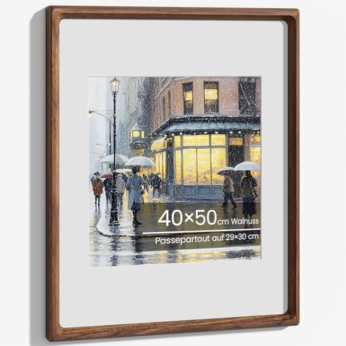 Bilderrahmen 40x50, Natürliches Walnussholz Fotorahmen mit Gehärtetem Glas, Handgefertigte Abgerundete Ecke 40x50 cm Holzrahmen Mattiert auf 29x39 cm Fotos für große Poster Ausstellungen Kunstwerke