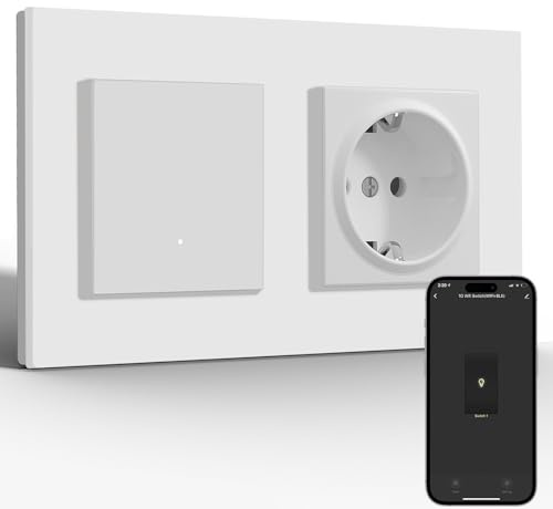 BSEED Normal Steckdose mit Smart Lichtschalter(Neutralleiter Erforderlich), Wlan Schalter Unterputz Kompatibel mit Alexa und Google Home, Taster Schalter 1 Fach 1 Weg mit PC Rahmen, Weiß