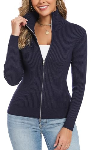 Dosieyeo Damen Strickjacke Langarm Stehkragen Cardigan mit Reißverschluss Leichte Gerippt Strickweste Casual Jacke für Alltag
