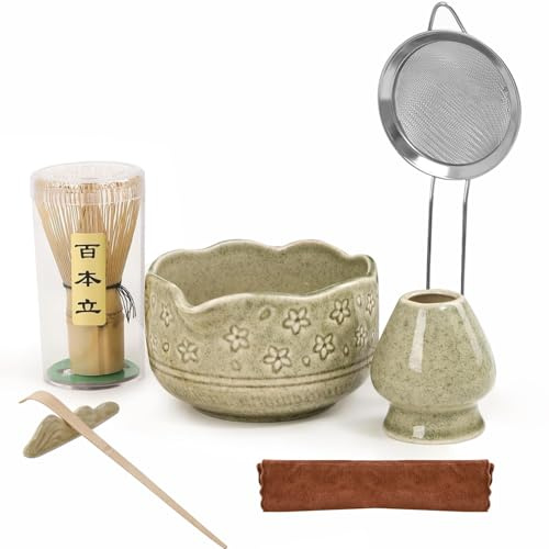 AXVRAV 6-delat japanskt matcha-set, matcha-skål med pip, matcha kvast filtersil sked kvasthållare mer, snyggt teset för nybörjare och matcha-älskare