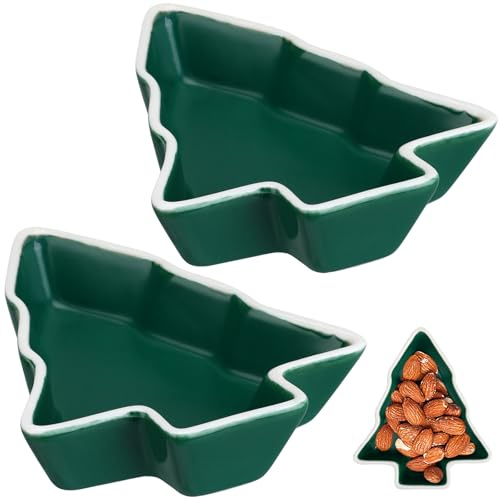 Hemobllo 2 platos de cerámica para aperitivos en forma de árbol de Navidad, cuencos multifuncionales para dulces, recipientes para frutas secas, bandejas de servir de color verde oscuro para el uso en