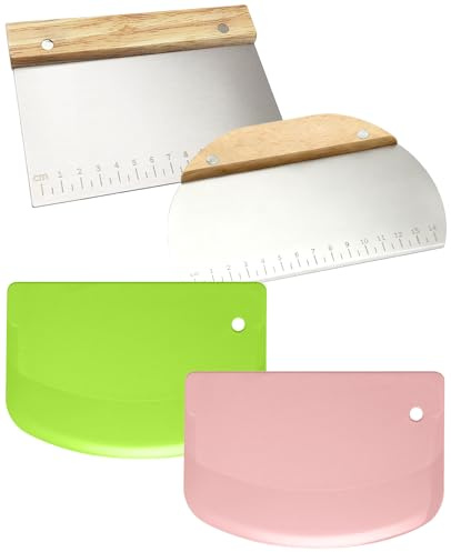 DASHUI 4pcs Teigschaber Edelstahl, Teigkarte Teigschneider Set mit Rutschfestem Holzgriff, Pizza Spachtel, Dough Scraper für das Schneiden von Teig