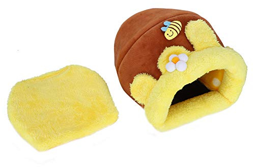 Niche pour petits animaux en forme de pot de miel, lit en velours diamanté et coton pour cochon d’Inde et hamster, nid douillet et chaud pour l’hiver avec fond antidérapant et ouve (Taille L)