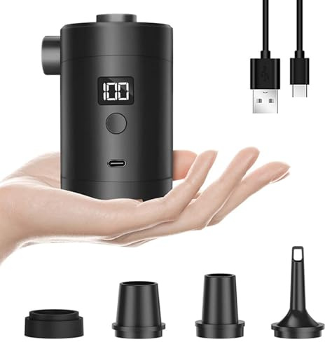 SINZONeu Pompa Aria Elettrica Ricaricabile USB 280L/min, 3600mAh, 4 Ugelli, Display Digitale, Portatile Mini per Materasso Gonfiabile Campeggio Spiaggia Giardino