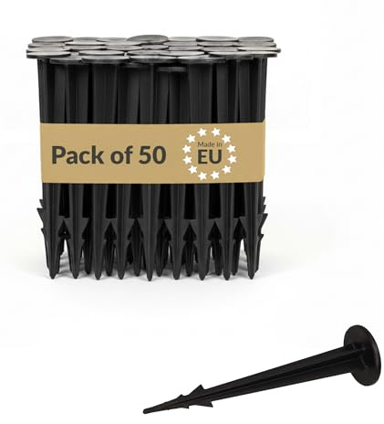 BAKOKI 50 anclajes de plástico para fijación contra malas hierbas, resistentes a los rayos UV, púas, diámetro de la cabeza 25 mm para red de topos, vellón de suelo, mantillo, césped