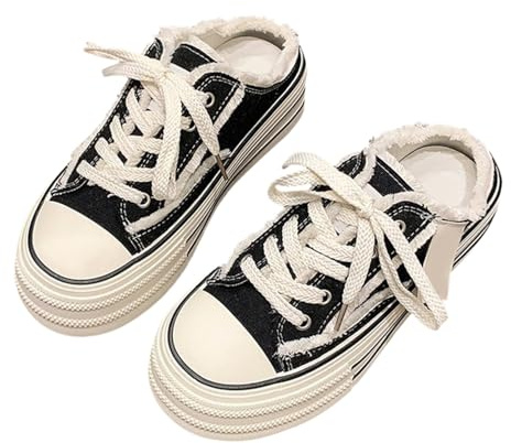 Primavera y otoño sin talón trasero medio arrastrado zapatos de lona versión coreana perezosa parte inferior gruesa casual medio arrastrado cinturones para mujer, Black, 38 EU