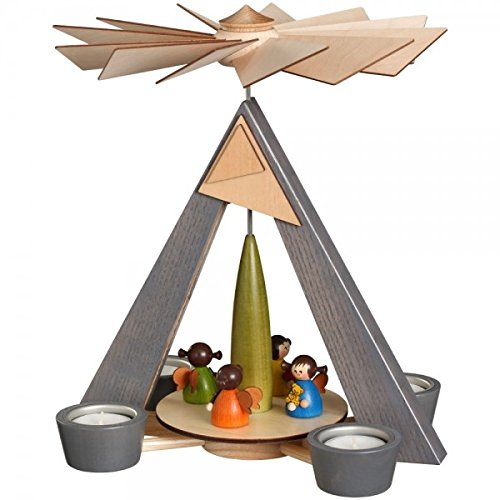 Tea Light Pyramid NEW Erzgebirge Christmas Pyramid Wooden Grey Cherubs, Multi – Height 28 cm