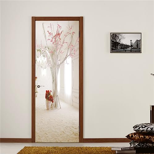 FLFK Adesivi per porte 3D Stacca e attacca 77x200cm(Set di 2 fogli) - Albero floreale spaziale Carta da parati autoadesiva per pareti e porte poster per la camera da letto e il soggiorno
