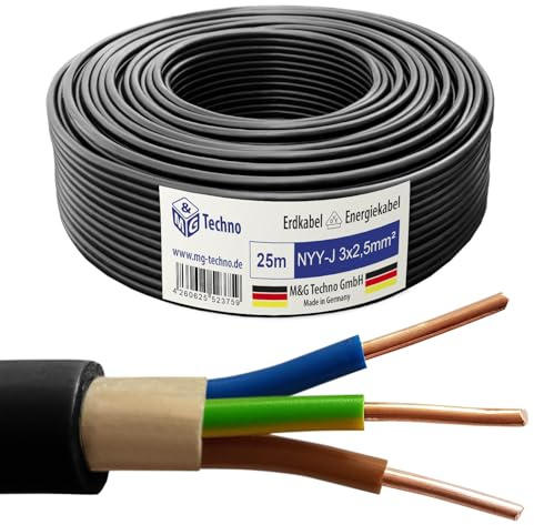 M&G Techno 25m NYY-J 3x2,5 mm² Erdkabel Elektro Strom Kabel Kupfer eindrähtig Made in Germany, 10653, Schwarz