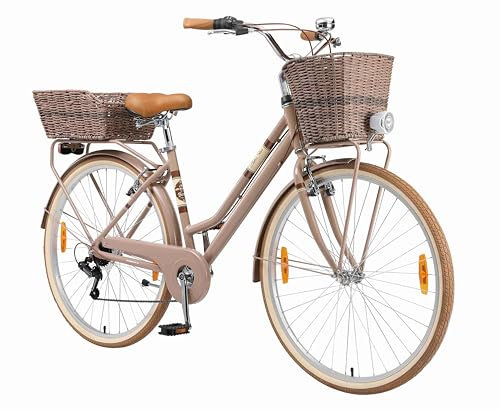 BIKESTAR Alu City Stadt Fahrrad 28 Zoll | 18 Zoll Rahmen, 7 Gang Shimano Damen Rad, Hollandrad Retro Bike mit V-Bremse und Gepäckträger | Braun | Risikofrei Testen