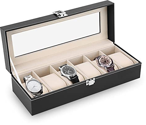 Klockbox för 6 klockor, PU läder och sammet klockförvaring, klockarrangör klockförvaringsbox smyckeskrin för smyckessamlingar 30 x 11 x 8 cm