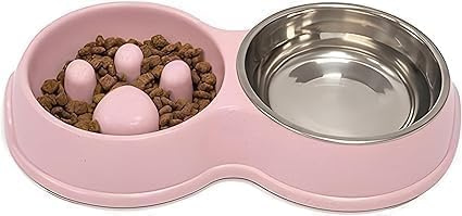 Fur & Bone Doppelter Slow Feeder Hund Napf – Anti Schling Napf für Hunde und Katzen mit Edelstahl Futternapf – Erhöhter, Rutschfester Fressnapf Hund für kleine und große Haustiere – In der Farbe Rosa