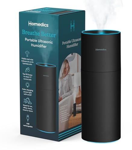 HoMedics TotalComfort Portable Ultrasonic Humidifier, Desktop, Travel, Personal Space, 8.5-oz. Tank, Up to 10-Hour Runtime per Full Tank, Auto-Shut Off Timer, Black | for Bedroom, Plants, Office, Travel - Cool Mist Humidifiers, Color-Changing Accent Light, 2 Mist Settings
