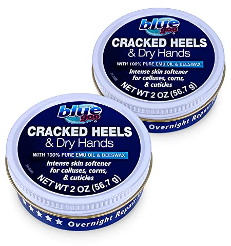 Blue Goo Cracked Heels & Dry Hands Intense Skin Softener - for Calluses, Corns & Elbow Dryness Relief, Fast- Penetrating Hydrating Moisturizer, Made w/ 100% Pure Emu Oil & Beeswax, 2 oz (2 Pack)