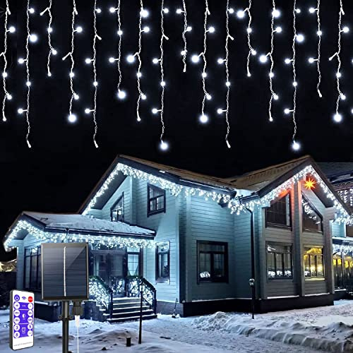 Solar LED Lichterkette Außen, Eisregen LED Lichterketten 7M Lichtervorhang 32 Stränge, 8 Modi Draußen Innen Eiszapfen Lichter Vorhang Wasserfest für Weihnachten Party Garten Dekorationen, Kaltweiß