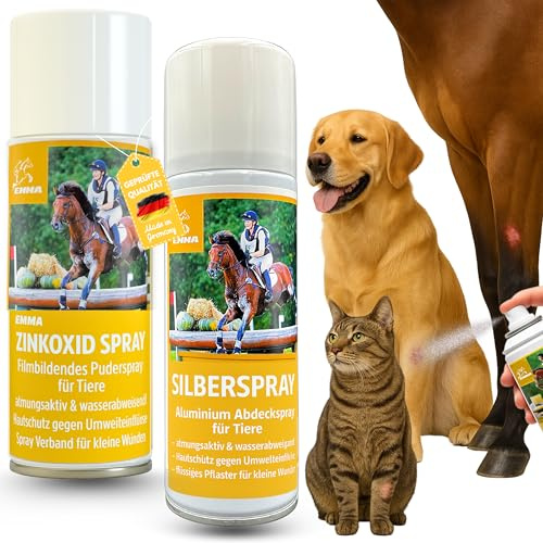 EMMA Silberspray & Zinkspray 2x200 ml Wundspray & Sprühpflaster für Hund Pferd Katze – Wundschutz, Hautabdeckung & Pfotenpflege – atmungsaktives Aluminium-Spray gegen Schmutz Feuchtigkeit Juckreiz
