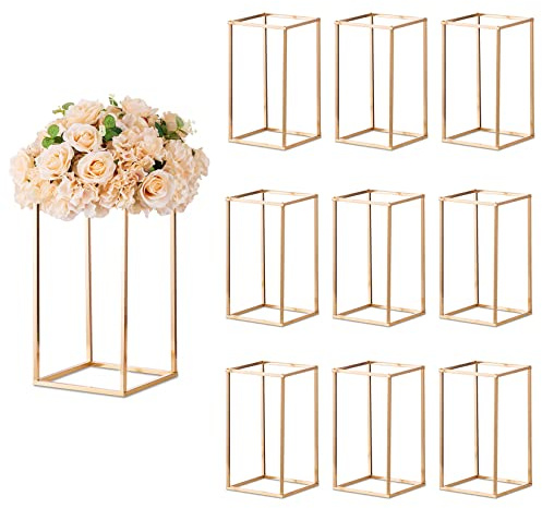 Sziqiqi 10 Stück Goldene Vase Metall Blumen Stehen Straße Blei Geometrische Herzstück Vase Tische Hoch Boden Vasen Dekorative Blumenregal für Home Event Party Hochzeit Dekoration für Rezeption, 40cm