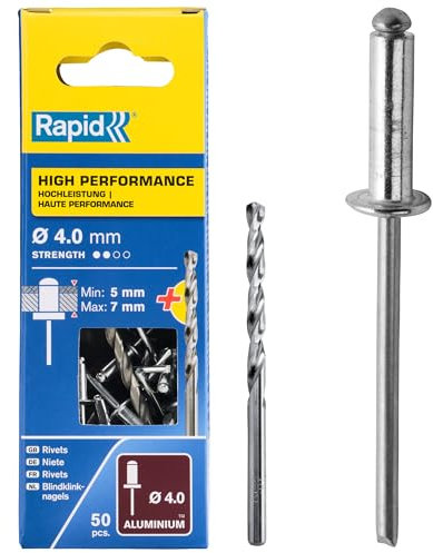 RAPID - Rivets Pop en Aluminium Ø4 x 10 mm - Rivets Aveugles pour Garde-Boue / Revêtements Métal & Plastique / Panneaux / Tôle - Foret Inclus - 50 Pièces, Emballage Carton (5001459)