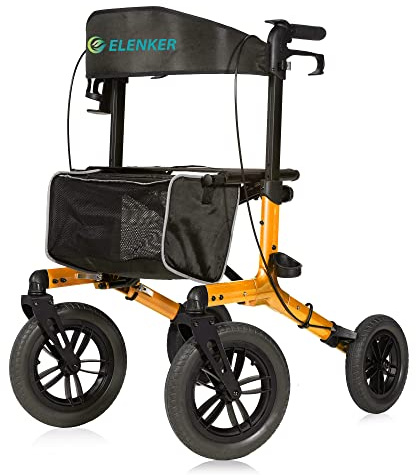 ELENKER All-Terrain Rollator Walker with Non-Pneumatic Tire 12” Front Wheels, Compact Folding Design for Seniors (Orange)