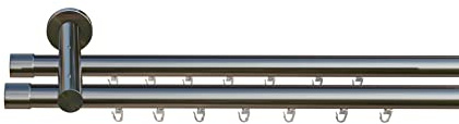 tilldekor Innenlauf Gardinenstange nach Maß, Andrax 2-läufig Edelstahl-Optik, 16mm Durchmesser, auf Maß gefertigt, 130 cm, inkl. Trägern und Endstücken