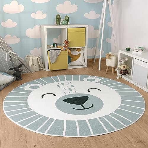 Paco Home Kinderteppich Teppich Kinderzimmer Rund Spielmatte Babymatte Waschbar Bis 30 Grad Löwenkopf Bärenkopf Moderne Deko, Grösse:120 cm Rund, Farbe:Grau 2