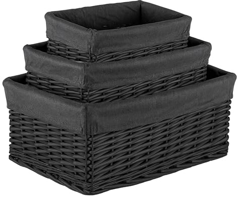 Innoteck Set of 3 Wicker Storage Baskets with Lining - Decorative Kitchen Bathroom Hamper - Portable Basket with Washable Cloth Liners - Ideal for Home/Office & Gifts Hamper (Black)