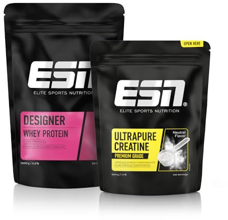 ESN Designer Whey Proteinpulver, Vanilla, 1 kg + Ultrapure Creatine Monohydrate, 500 g, die Kombi zum Muskelaufbau und -erhalt - made in Germany