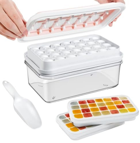 Ice Cube Tray with Lid and Bin, 56 pcs Ice Trays for Freezer, with 2 trays, Ice Cube Molds, Container, Lid & Ice Scoop, Spill-Resistant, Easy Release, BPA Free(Pink)