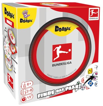 Asmodee, Dobble Bundesliga, Rasantes Familienspiel, Deutsch | Schnelles Reaktionsspiel mit Motiven rund um Fußball für 2-8 Spieler, 15 Minuten, Kartenspiel ab 6 Jahren