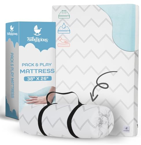 Babylicious Waterproof Pack and Play Mattress Pad - 38 x 26 | Roll Up Style - Breathable Soft Memory Foam - Portable Mattress Topper- Baby Foam Mattresses for Babies - Includes Easy Carry Buckle