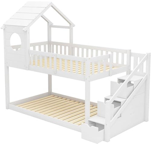 Baumhaus Kinderbett,Ins und aus dem Bett kommen,Doppelbett,Kinderbett in Hausform,Leiterschrank,Kiefernholz Haus Bett for Kids,90x200cm,ohne Matratze,weiß
