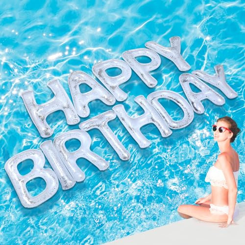 Shappy White 20'' Happy Birthday Pool Large Floating Letter Balloons with Adhesive Dots Inflatable Pool Decorations for Summer Birthday Party (Sequins)
