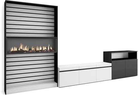 Skraut Home | Wohnwand Wohnzimmer | Wohnzimmermöbel, Möbelset | 360x186x35cm | Für TV-Geräte bis zu 65 | Elektrokamin | Moderner Stil | Weiß und Schwarz