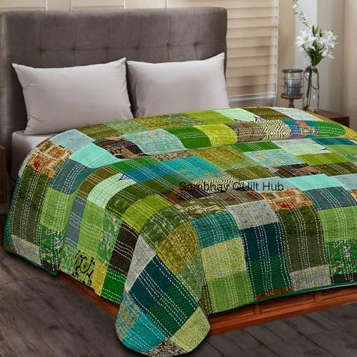 Sambhav Quilt Hub Colcha Kantha de seda vintage hecha a mano, colcha decorativa vintage para el hogar, edredones hippie, manta de cama tamaño king (verde, 60 x 90 pulgadas)