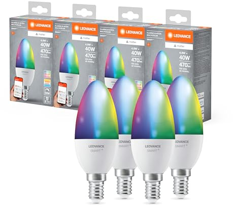LEDVANCE SMART+ MATTER LED-Lampe, kompatibel mit Google, Alexa, Apple, weiße Frost-Optik, 4,9W, 470lm, E14, Farblicht & Weißlicht, App- oder Sprachsteuerung, bis zu 20.000 Std. Lebensdauer, 4-Pack