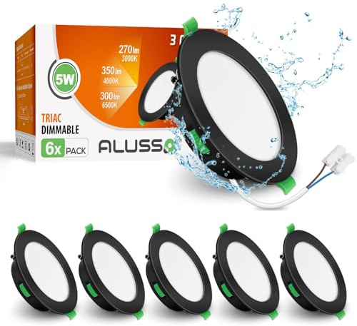 ALUSSO LED Einbaustrahler 230V Flach Dimmbar, 5W Schwarz LED Spots 230V, IP44 Bad Einbauleuchten Deckenspots Einbauspots, Warmweiß 3000K Neutralweiß 4000K Kaltweiß 6500K Deckenstrahler, 6er Set