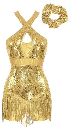 Jugaoge Damen Glänzend Latein Kleider mit Haargummi Metallic Ballett Tanz Trikot Anzug Body mit Fransen Rock Modern Jazz Wettbewerb Outfits Gold L