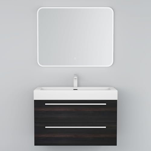 Mai & Mai Badmöbel-Set Waschbeckenunterschrank 90x48x60cm Waschtisch mit Unterschrank inkl. Mineralguss-Waschbecken und Led-Badspiegel Quadratto