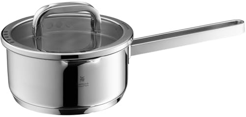 WMF Function 4 Advanced Stielkasserolle 16cm, Glasdeckel, Kochtopf klein 1,4l, Milchtopf Induktion, Cromargan Edelstahl poliert, 4 Abgießfunktionen, Innenskalierung, silber