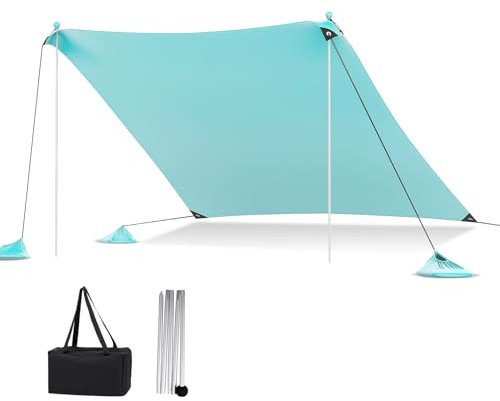 HOMASIS Sonnenschutz Strand, Sonnenzelt UPF 50+, Strandzelt Lycra mit Sandankern & 4 Sandsäcken, Sonnensegel mit 2 Stützstangen & Tragetasche, Sonnendach für Strand Garten (Grün, 300 x 300 cm)