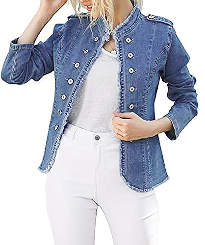 IQYU Dam denimtröja blå jeansjacka stretch mjuk kort övergångsjackor midja jeansjackor dubbelknäppt ståkrage jeansblazer elegant kort blazer oversize kort kappa höstjackor, blå, XL