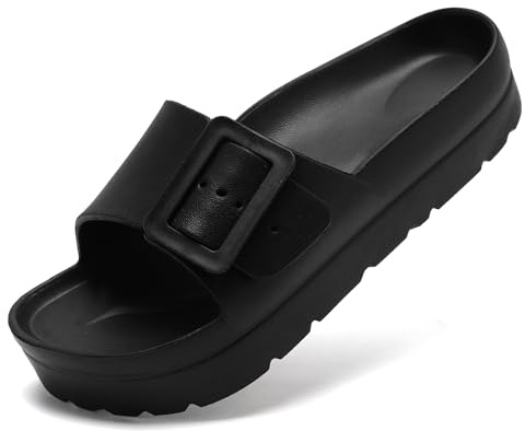 Waysoland sandaler damer sommar, ortopediska sandaler damer bekväma folier tjocka sulor platta sandaler med justerbart spänne och ultra kudde, Enkelt spänne svart, 36 EU