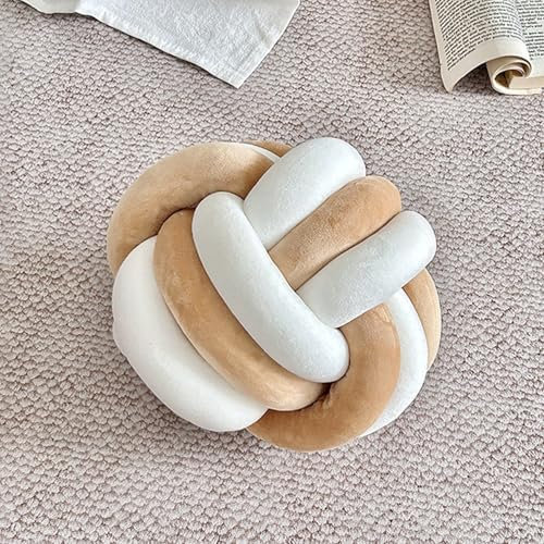 Somsiwey Knotenballkissen, weiches rundes Wurfkissen, handgefertigtes Plüsch-Wurfkissen, Heimdekorationskissen für Schlafsofa, Couch, Bodendekoration(White and Brown,S)