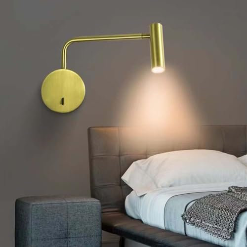LOGT LED Wandlampe Innen Vintage Industrie Wandleuchte mit Schalter Leseleuchte Verstellbarer Langer Arm Wandbeleuchtung 350° Drehbare Wandspot Metall Leseleuchte für Schlafzimmer Wohnzimmer,Gold