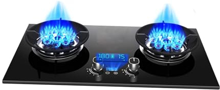 GCGC Gas Stove,Gas Cooker Double Burner with Flameout Protection,Gas Hob Desktop and Embedded with 2 Sides Independent Timing 5.2KW NG/5.0kw LPG,Cooktop for Outdoor Camping Home(NG)
