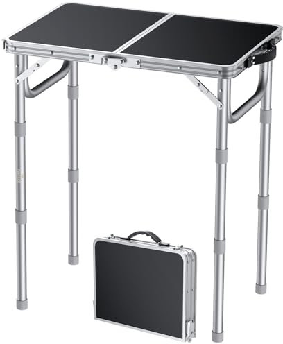FUNYKICH Tavolo da Campeggio Pieghevole 58x40 cm,Tavolo da Picnic con 3 Altezze Regolabili(26/48/70 cm) in Alluminio,Piano in MDF,per Barbecue, Pesca e Giardino,Argento