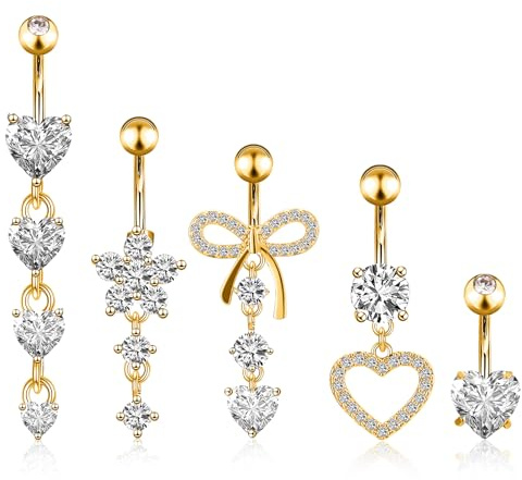 ViEinkaufen 5 Pcs Belly Button Bars,Stainless Steel Button Piercing Rings,Flower Bow Heart Tassel Belly Belly Bars Sterling,Hypoallergenic Navel Piercing Jewelry for Women Girls(Gold)