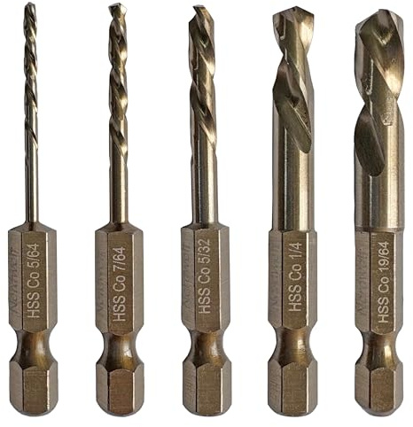 NordWolf 5-Piece M35 Cobalt Stubby Left Hand Drill Bit Set, Reverse Twist with 1/4 Hex Shank for Screw Extractors, SAE Sizes 5/64-7/64-5/32-1/4-19/64 in Storage Case