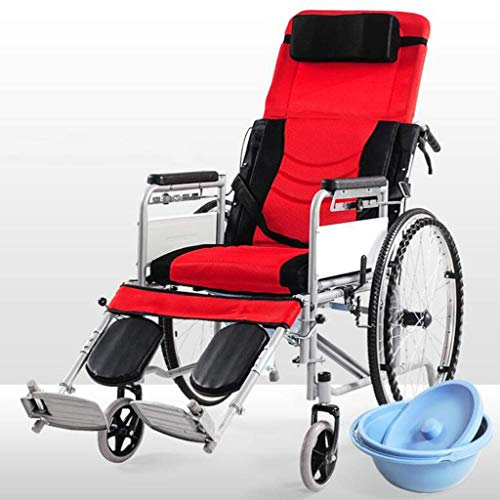 IUBGFTO Rollstuhl mit Liegefunktion und hoher Rückenlehne, selbstfahrend, aus Aluminiumlegierung, mit mobiler Toilette, Abnehmbarer hoher Rückenlehne, faltbar, für Behinderte/Senioren, tragbar (rot)