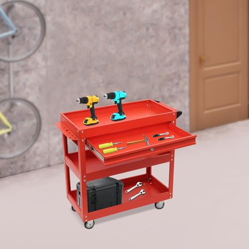 Werkstatt Rollwagen 3-stufiger Rollender Werkzeugwagen 150kg Werkzeugwagen mit Schiebeschublade Werkzeugwagen für Werkstätten, Garagen und Lagerhäuser, 76.3 x 35.3 x 83.5 cm, Rot